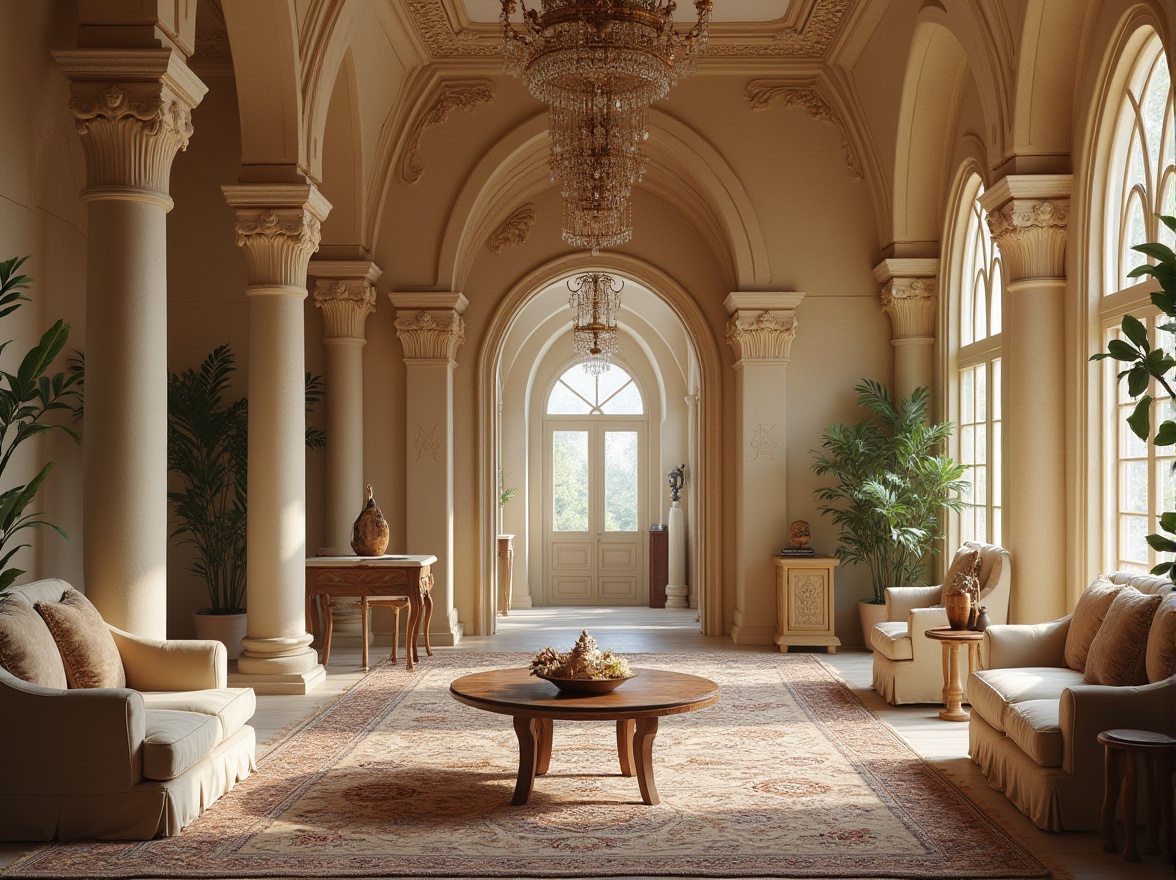 Prompt: Eclectic design, luxurious interior, limestone material, beige and cream colors, ornate columns, carved details, grand chandelier, velvet sofas, rustic wooden tables, intricately patterned rugs, natural lighting, warm ambiance, cozy atmosphere, 3/4 composition, soft focus, cinematic mood, warm color palette.