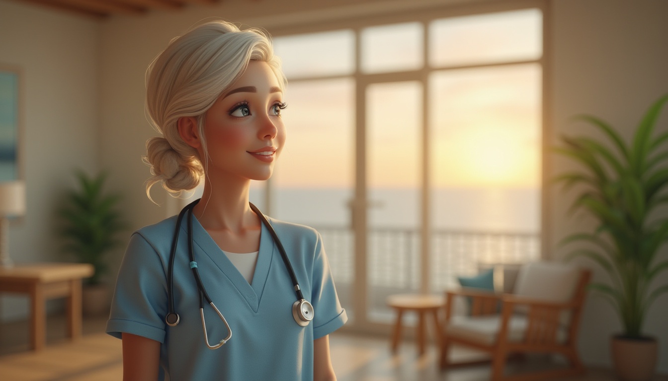 Prompt: Coastal memorial center, serene ocean view, sunset time, gentle sea breeze, peaceful atmosphere, mature lady, nurse uniform, stethoscope around neck, comforting smile, soft spoken words, calming music, beige walls, wooden furniture, green plants, soft lighting, 3/4 composition, shallow depth of field.