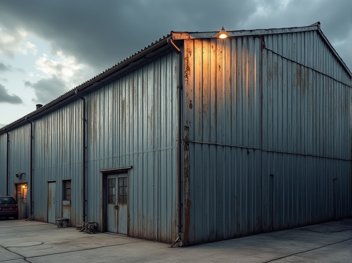 Prompt: Modern industrial building, corrugated iron wall, rustic metal texture, urban landscape, cloudy sky, dramatic light, low-angle shot, strong composition, brutalist architecture, functional design, minimal decoration, concrete floor, steel frame, metallic luster, worn edges, distressed finish, abstract background, high-contrast lighting.