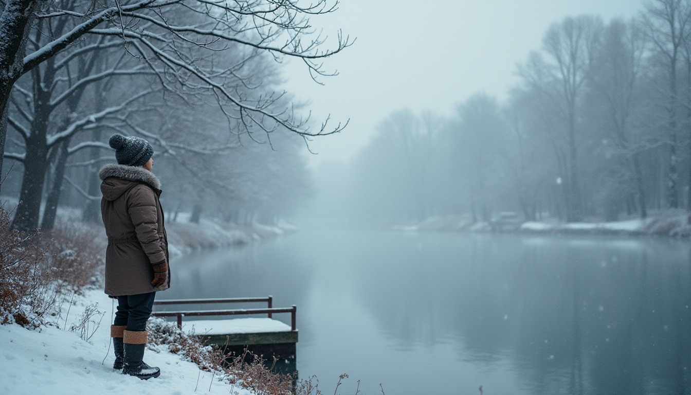 Prompt: Winter riverbank, snow-covered trees, gentle slope, snowflakes gently falling, serene atmosphere, frozen river, icy mist, wooden dock, rusty railings, snow boots, warm coat, furry hat, gloves, peaceful ambiance, soft focus, misty lighting, cinematic composition, 3/4 view, shallow depth of field.