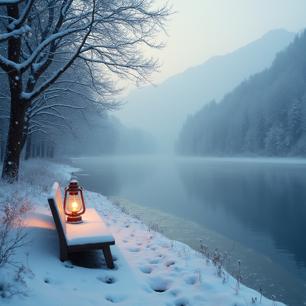 Prompt: Winter riverbank scene, snow-covered trees, frozen river, icy mist, serene atmosphere, calm water reflection, soft winter lighting, 3/4 composition, gentle slope, snowflakes gently falling, few footprints leading to the river's edge, old wooden bench covered in snow, rustic lantern with warm glow, misty mountains in the distance, realistic textures, cinematic mood, peaceful ambiance.