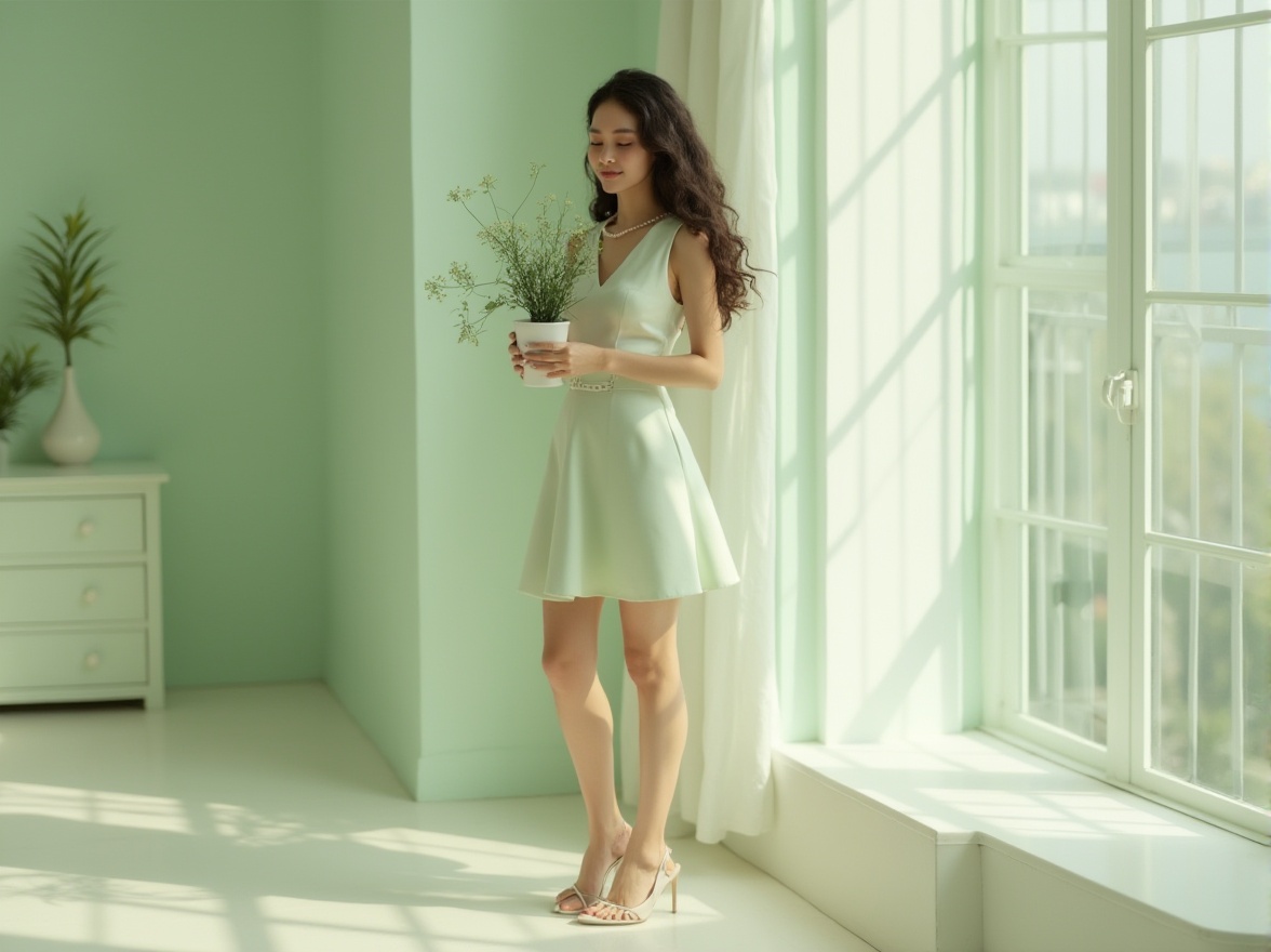 Prompt: light green theme, modern minimalist interior, pastel color scheme, elegant lady, 25yo, slender, long curly hair, subtle makeup, white blouse, light green skirt, high heels, pearl necklace, holding a small potted plant, standing near a large window, natural lighting, blurred background, soft focus, warm atmosphere, delicate composition, gentle color palette.