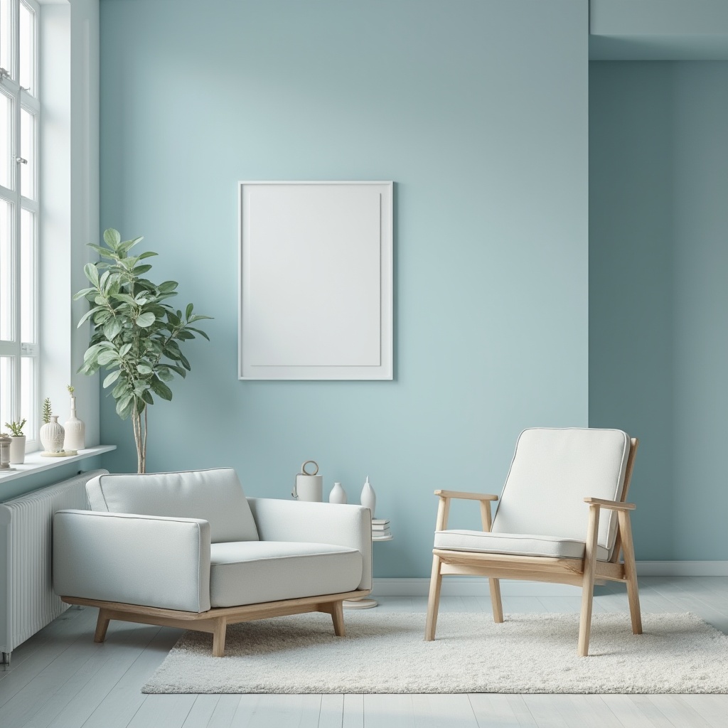 Prompt: Modernist interior, minimalist furniture, baby blue accent wall, matte finish, smooth texture, geometric shapes, clean lines, monochromatic color scheme, Scandinavian design influence, cozy atmosphere, softbox lighting, 3/4 composition, shallow depth of field, calm mood, pastel tones, subtle contrast, modern art pieces, sleek decorative accessories.