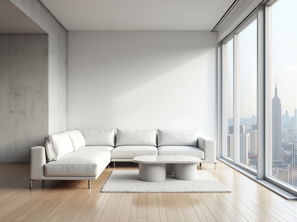 Prompt: Modern minimalist interior, light gray walls, sleek wooden flooring, simple white sofa, geometric coffee table, floor-to-ceiling windows, natural daylight, urban cityscape view, skyscraper, concrete texture, clean lines, minimal decor, Scandinavian style, monochromatic color scheme, calm atmosphere, 3/4 composition, soft focus, shallow depth of field.