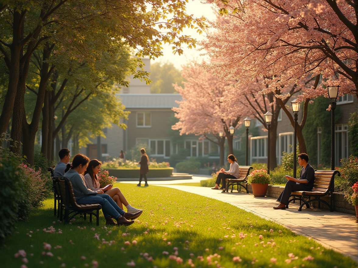 Prompt: Romantic campus scene, warm sunlight filtering through lush green trees, flowerbeds with blooming cherry blossoms, soft grass beneath feet, beautiful architecture of modern university buildings, ivy-covered walls, wooden benches surrounded by nature, a gentle stream running through the campus, walking paths lined with lanterns, vibrant flowers in planters, students sitting on grass, reading books or chatting, laughter and whispers filling the air, warm golden lighting, shallow depth of field, 3/4 composition, cinematic ambiance.