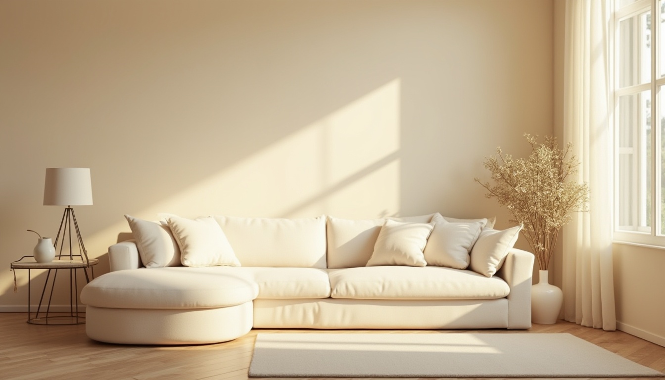 Prompt: cream color, soothing ambiance, interior design, living room, comfortable couch, soft cushions, gentle curves, warm lighting, table lamp, flower vase, calm atmosphere, peaceful environment, natural material, wood flooring, beige walls, minimalist decor, subtle texture, cozy reading nook, afternoon sunlight, soft focus, shallow depth of field.