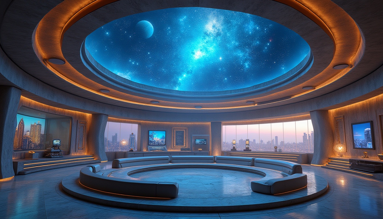 Prompt: Futuristic planetarium, Streamline Moderne style, incorporating sandstone elements, sleek curves, metallic accents, celestial body projections on dome-shaped ceiling, circular seating arrangement, ambient soft blue lighting, stars and galaxies visualized in 3D, intricate stone carvings, polished sandstone columns, minimalist decor, modern astronomy equipment, interactive exhibits, floor-to-ceiling windows with panoramic views of the cityscape, evening sky, warm glow of city lights, subtle mist effects, cinematic composition.