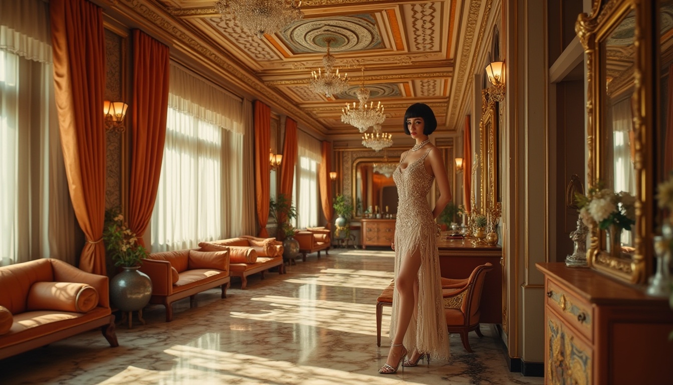 Prompt: Art Deco style, luxurious interior, ornate plaster material, detailed moldings, geometric patterns, metallic accents, bold colors, glamorous atmosphere, lavish furnishings, grand chandelier, marble floor, velvet curtains, ornate mirror frame, solo female figure, 1920s fashion, beaded flapper dress, pearl necklace, bobbed hair, high heels, posing near ornate plaster wall, warm golden lighting, cinematic composition, shallow depth of field.