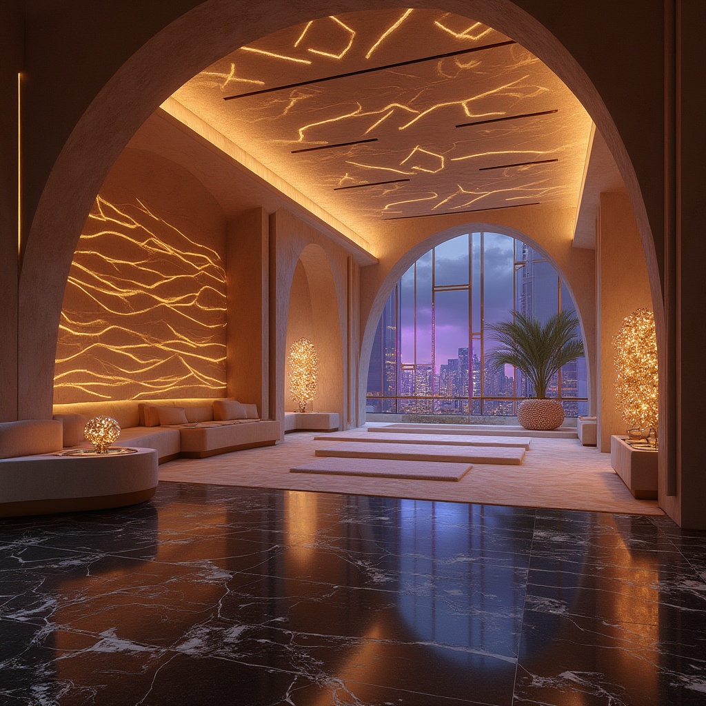 Prompt: Desert-inspired night club architecture, luxurious entrance with gold accents, LED lights tracing intricate patterns on walls and ceiling, sandstone-colored exterior, curved lines mimicking dunes, large windows with cityscape view, futuristic pod-like VIP rooms, glossy black marble floors, metallic beams, iridescent chandeliers, ambient purple and blue lighting, misty atmosphere, distant metropolitan skyline, 3/4 composition, low-angle shot, cinematic mood, sleek minimalism.