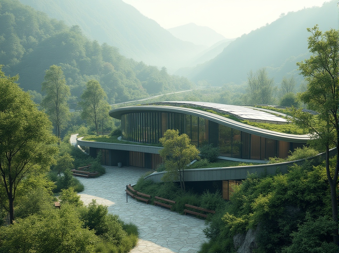 Prompt: Valley research center, modern architecture, glass and steel structure, curved lines, green roof, solar panels, surrounded by lush trees, winding valley road, distant mountains, misty atmosphere, soft natural light, 3/4 composition, panoramic view, ambient occlusion, vibrant greenery, stone pavement, wooden benches, serene ambiance.