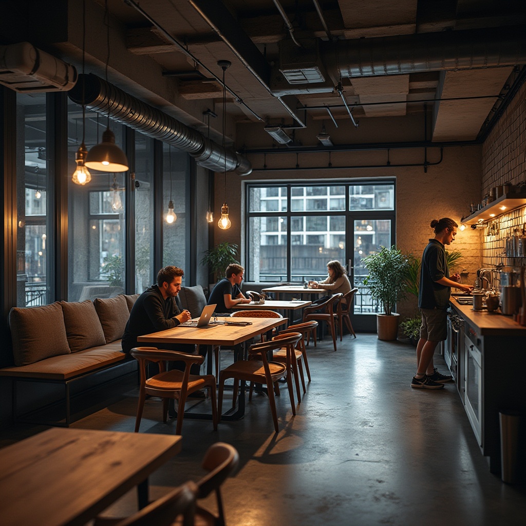 Prompt: Modern hostel interior, aluminium accents, sleek lines, minimalist decor, industrial chic, urban atmosphere, young adult, backpacker, traveller, laptop, smartphone, communal kitchen, wooden tables, metal chairs, concrete floor, large windows, city view, night scene, warm lighting, shallow depth of field.