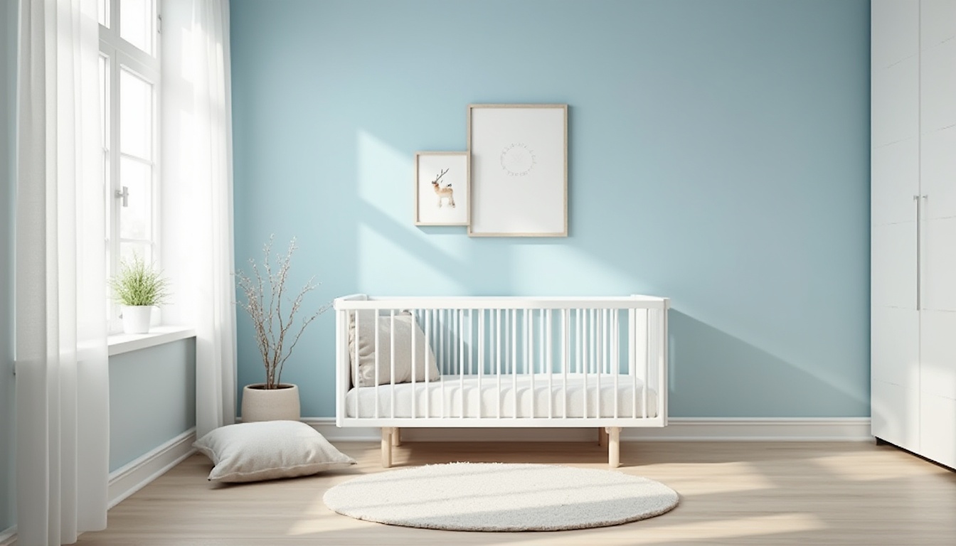 Prompt: Modern minimalistic nursery, baby blue accent wall, white crib, minimalist decorative art, wooden floor, large window, natural light, softbox lighting, calm atmosphere, pastel color palette, gentle shadows, 3/4 composition, shallow depth of field, gentle focus on the crib, Scandinavian design, IKEA furniture style.