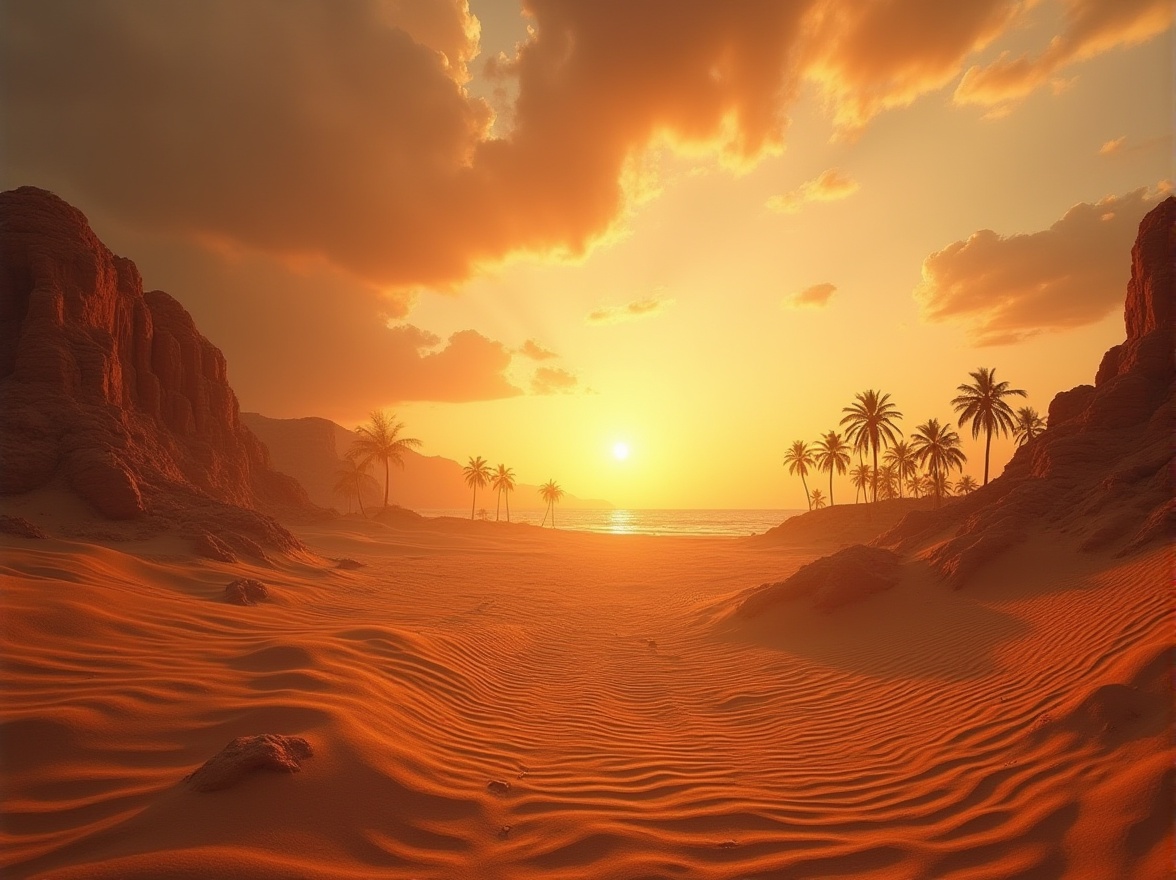 Prompt: Desert landscape, Ochre color, warm sunset, majestic sand dunes, endless sandy beach, palm trees, rocky formations, vast open space, dramatic clouds, strong shadows, low angle shot, cinematic composition, warm lighting, soft focus, film grain texture.