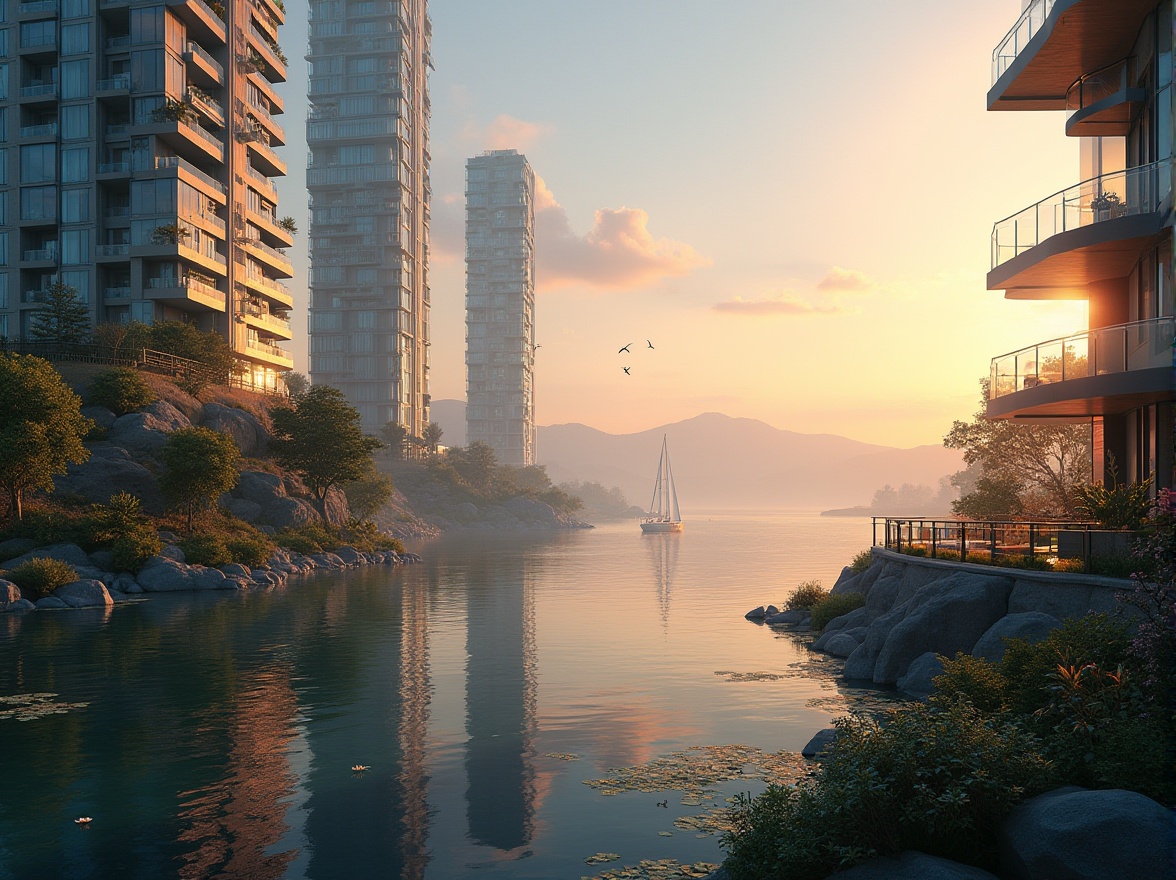 Prompt: Lakefront skyscrapers, modern architecture, glass facade, steel structure, reflective windows, luxurious penthouse, rooftop garden, lake view, sunset time, warm golden light, misty atmosphere, surrounded by trees, lush greenery, water lilies, sailboats, seagulls flying overhead, distant mountains, panoramic view, low-angle shot, cinematic composition, natural lighting, realistic rendering.