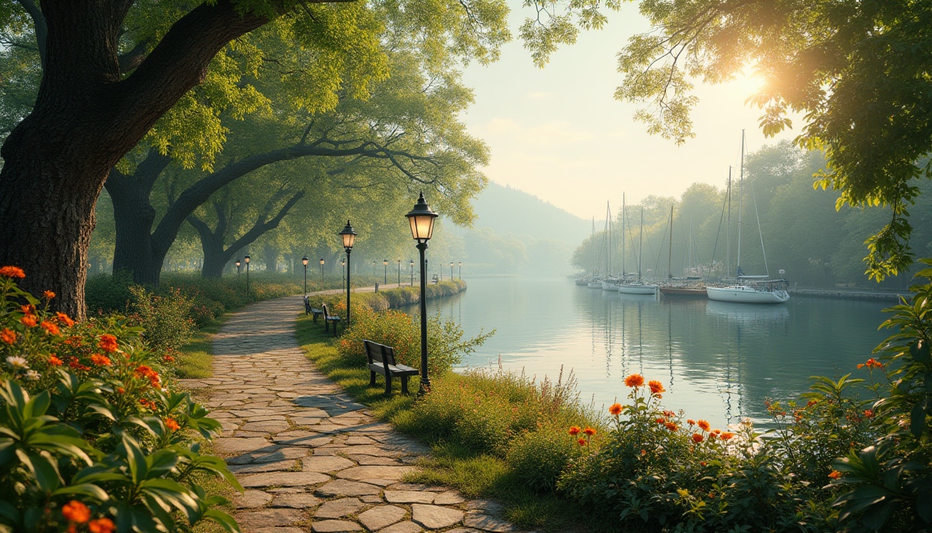 Prompt: Riverbank scenery, serene atmosphere, gentle slope, lush greenery, vibrant flowers, winding stone path, wooden benches, lampposts, sailboats docked, calm water reflection, misty morning, warm sunlight, soft shadows, 3/4 composition, panoramic view, fish eye lens, cinematic mood, natural textures, realistic details.