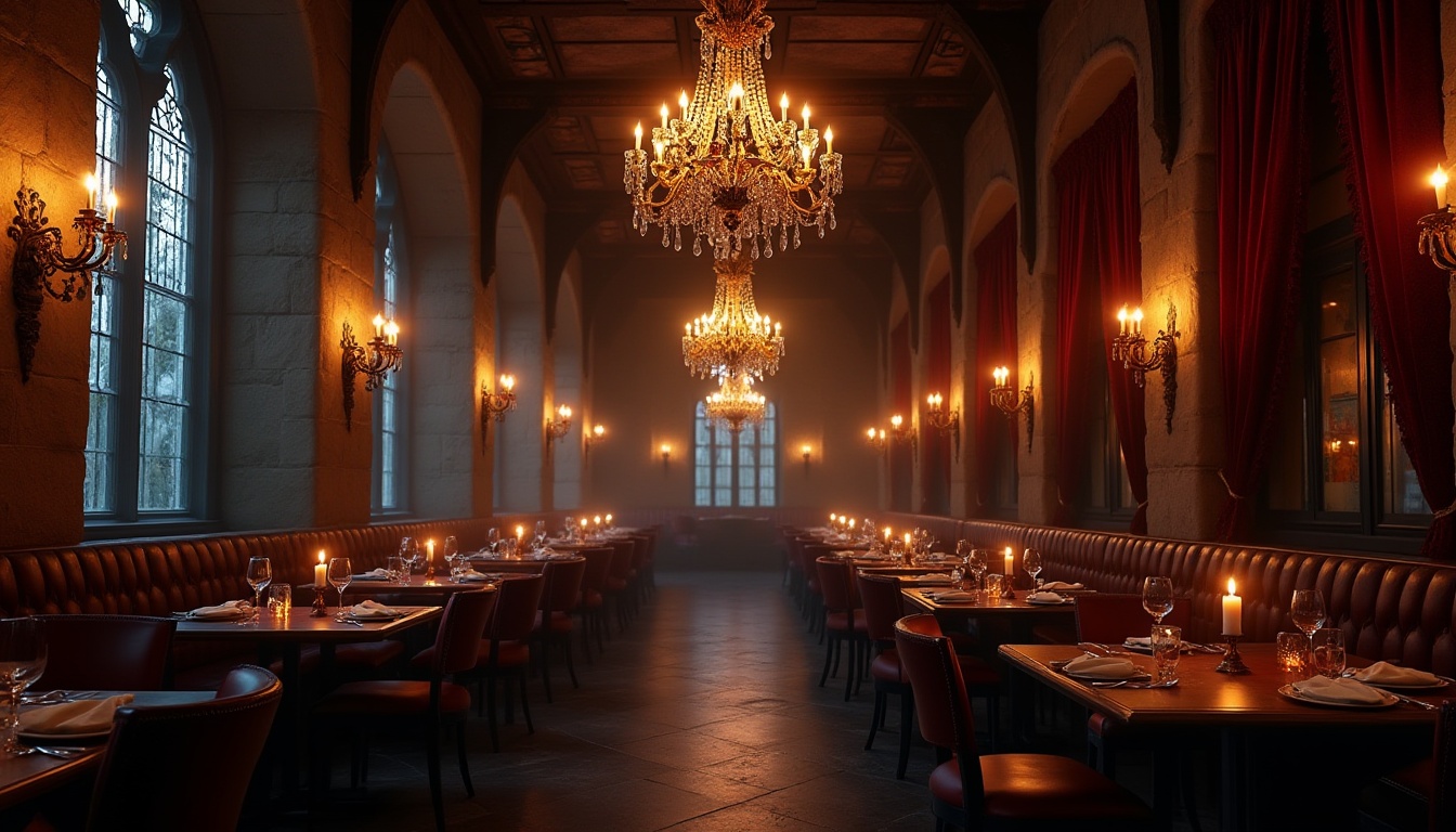 Prompt: Gothic style restaurant, dimly lit, mysterious ambiance, grand chandeliers, crystal droplets, warm candlelight, dark wood furniture, ornate metal decorations, red velvet curtains, stone walls, vaulted ceilings, stained glass windows, dramatic shadows, soft glow, intimate setting, luxurious atmosphere, fine dining, romantic dinner, evening scene, 3/4 composition, low-key lighting.