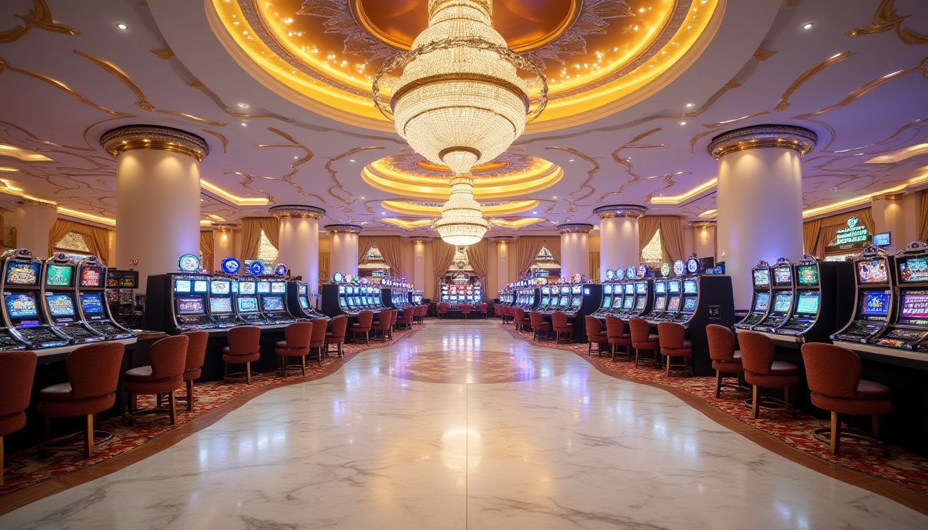 Prompt: Luxurious casino interior, grand chandelier, white marble floor, elegant white pillars, high ceiling, shiny gold ornaments, lavish curtains, slot machines, card tables, roulette wheel, poker chips, flashy neon lights, bright signage, bustling atmosphere, evening time, dimmed lighting, warm ambiance, 3/4 composition, low-angle shot.