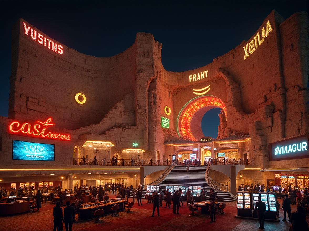 Prompt: Brutalist casino, grand canyon-inspired architecture, rugged concrete exterior, angular geometric shapes, fortress-like structure, dramatic nighttime lighting, vibrant neon signs, luxurious interior, lavish decorations, golden accents, marble floors, high ceilings, majestic staircase, VIP lounge, roulette tables, slot machines, poker rooms, crowded atmosphere, excited players, flashing lights, bold typography, retro-futuristic ambiance, 1970s-inspired aesthetic, warm color palette, cinematic composition, low-angle shot, dramatic shadows.