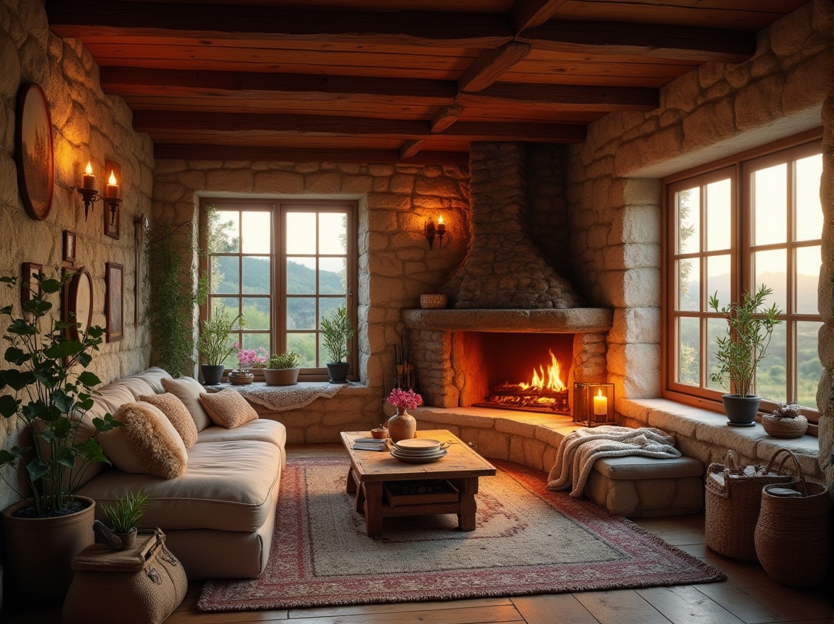 Prompt: Cozy rural-themed living room, warm inviting atmosphere, wooden beams, stone walls, vintage furniture, plush cushions, woven baskets, natural textiles, earthy color palette, candlelight, fireplace crackling, rustic wooden coffee table, potted plants, flowers in vases, soft blankets, comfortable reading nook, large windows with countryside views, rolling hills, sunset glow, peaceful ambiance, warm lighting, 3/4 composition, shallow depth of field, filmic texture.