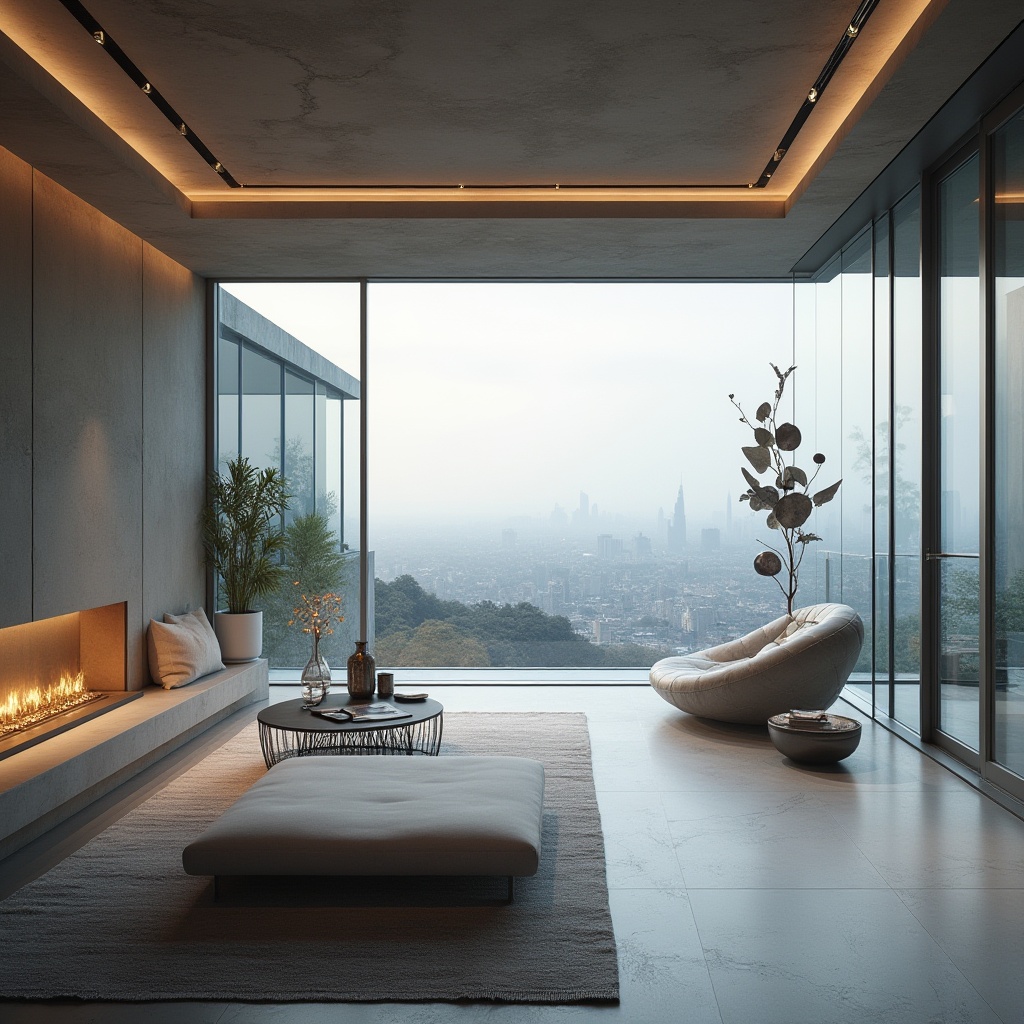 Prompt: Lavacrete material, modern design element, sleek architecture, minimalist villa, luxurious interior, spacious living room, floor-to-ceiling windows, panoramic view, cityscape backdrop, abstract sculptures, low-poly furniture, metallic accents, ambient lighting, 3/4 composition, shallow depth of field, cinematic rendering, high contrast, soft focus.