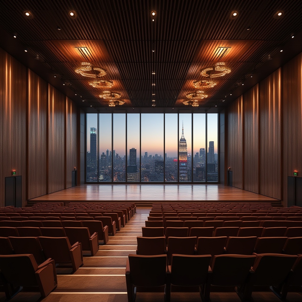 Prompt: Auditorium interior, corrugated iron ceiling, modern architecture, rectangular structure, rows of chairs, wooden floors, spotlights, grand chandeliers, acoustic panels, minimal decor, sleek lines, metallic sheen, reflective surfaces, dramatic lighting, high ceiling, urban atmosphere, cityscape view, glass windows, evening scene, warm tone, cinematic composition, deep depth of field, HDR.