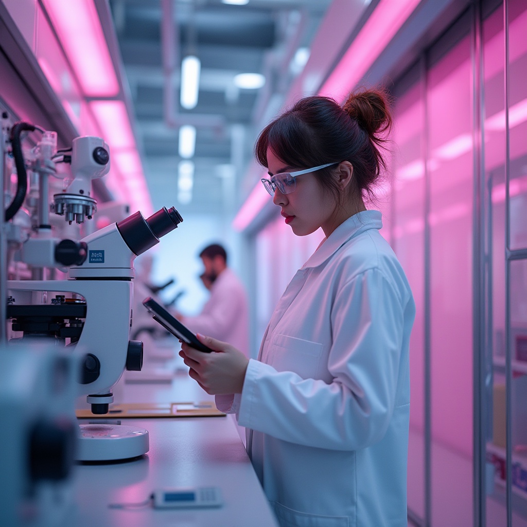 Prompt: Modern research center, futuristic laboratory, fuchsia accent walls, sleek glass partitions, steel frames, high-tech equipment, scientist in white lab coat, goggles, messy brown hair, minimal makeup, holding a tablet, standing near a futuristic microscope, surrounded by various scientific instruments, bright overhead lighting, 3/4 composition, shallow depth of field, vibrant color contrast, abstract background with subtle texture, futuristic atmosphere, ambient Occlusion.