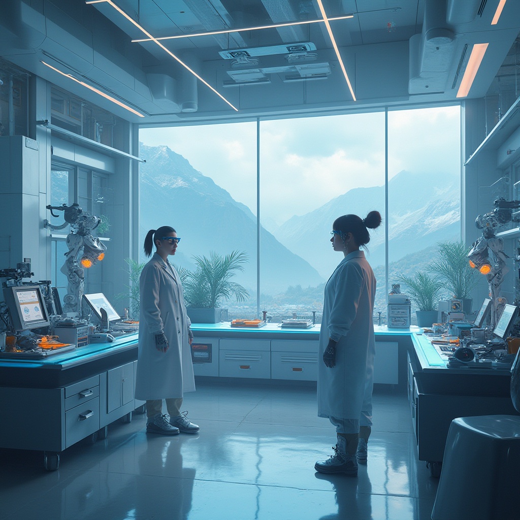 Prompt: Futuristic laboratory, mountainous background, sleek modern architecture, silver metallic walls, glass ceilings, neon lights, holographic projections, sci-fi equipment, robotic arms, futuristic computers, 3D printers, innovative gadgets, scientists in lab coats, goggles, gloves, futuristic hairstyles, makeup with neon accents, shiny boots, standing, walking, examining, inventing, panoramic view, high-angle shot, cinematic composition, soft blue lighting, misty atmosphere, mysterious ambiance.