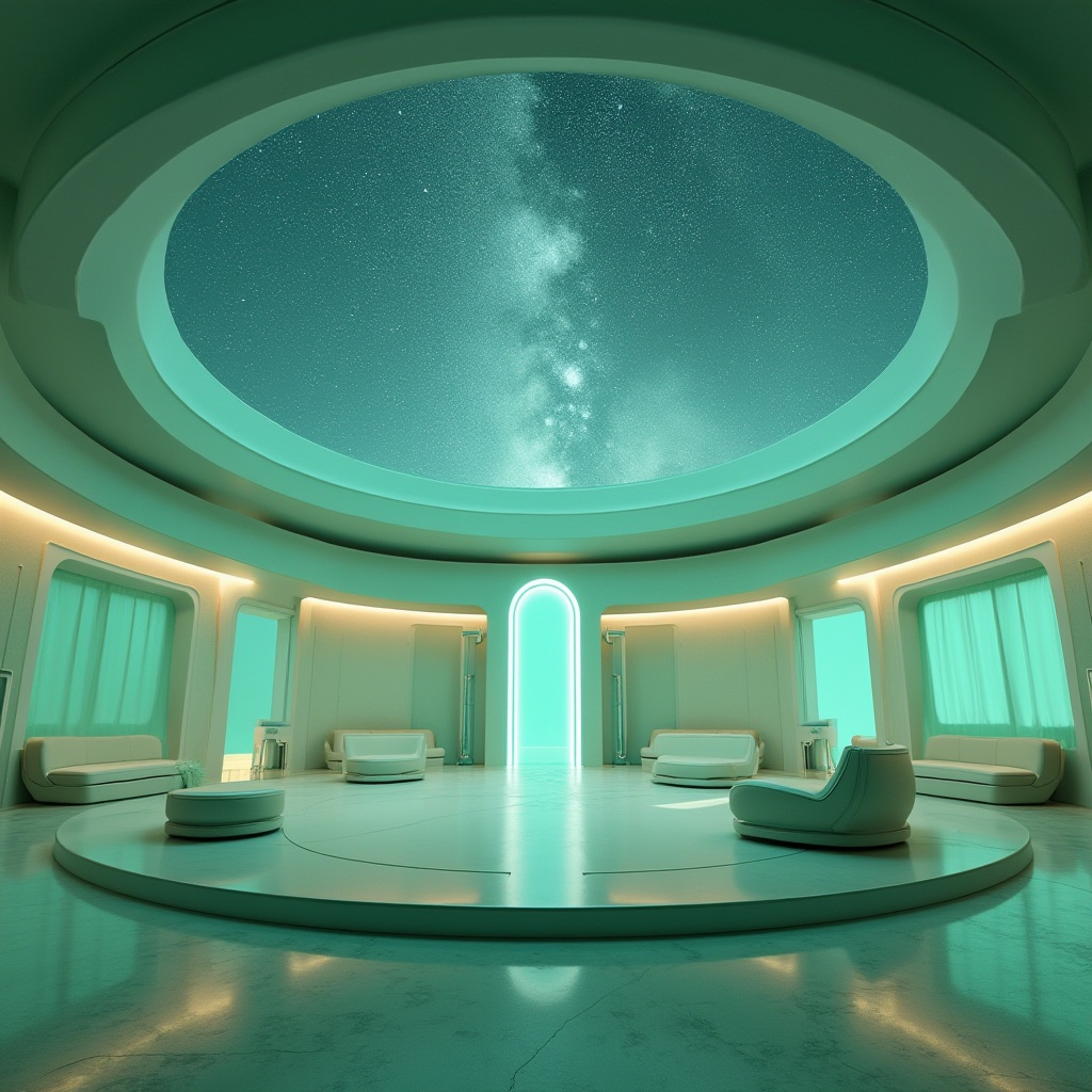 Prompt: Planetarium interior, futuristic ambiance, mint green walls, soft glow accents, sleek metallic lines, circular dome ceiling, starry night sky projection, comfortable seating area, minimalist decor, modern architecture, calm atmosphere, warm lighting, 3/4 composition, low-angle shot, cinematic mood, space-inspired design elements.