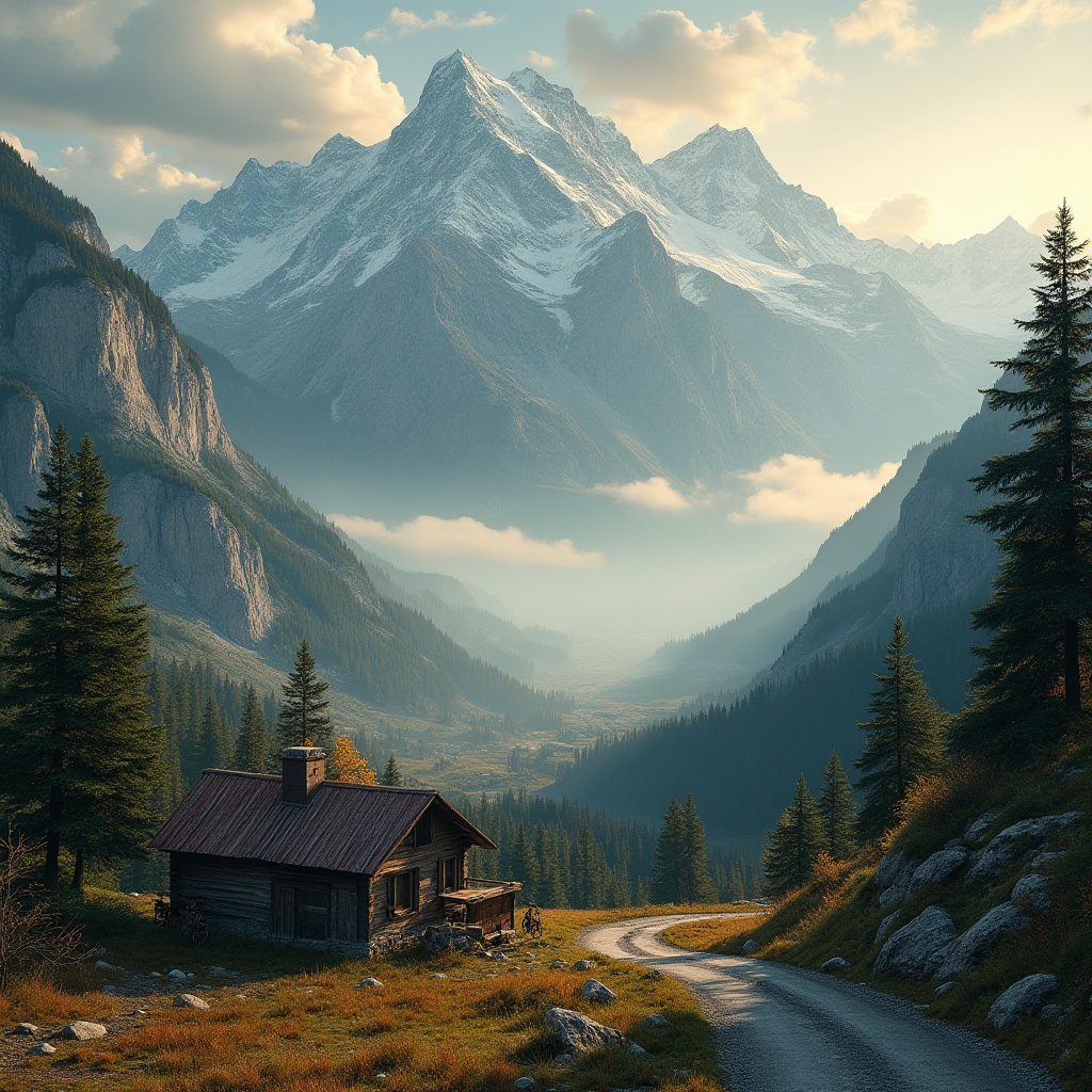 Prompt: Mountainous environments, majestic snow-capped peaks, serene misty valleys, rugged rocky cliffs, pine trees, misty fog, alpine meadows, winding mountain roads, abandoned wooden cabins, rusty old bicycles, worn-out hiking boots, adventurous backpackers, breathtaking panoramic views, dramatic cloudy skies, warm golden sunset lighting, 3/4 composition, cinematic atmosphere.