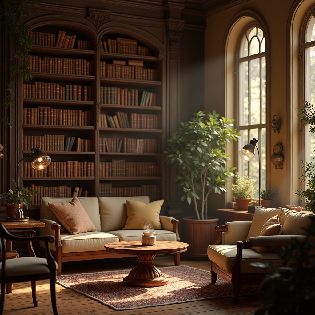 Prompt: Cozy library atmosphere, warm beige walls, dark wood shelves, soft warm coffee colors, inviting reading nook, comfortable sofas, rustic wooden tables, vintage metal lamps, rich aroma of coffee beans, steaming cup on table, gentle morning sunlight, subtle shadows, 3/4 composition, warm soft lighting, shallow depth of field, realistic texture, cinematic ambiance.