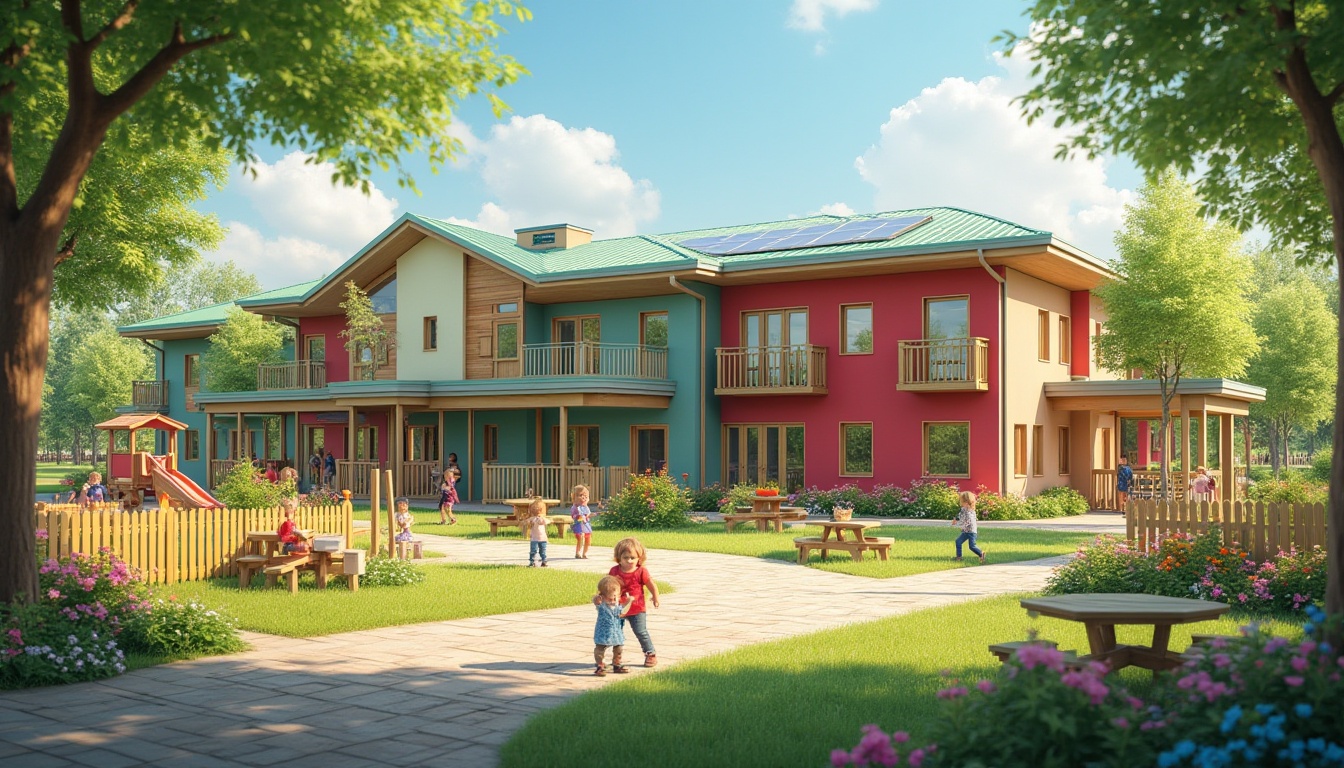 Prompt: Suburban kindergarten building, modern design, colorful exterior walls, large windows, green roofs, solar panels, playground with slides and swings, wooden fences, picnic tables, trees surrounding, flowers blooming, sunny day, warm lighting, children playing outside, happy faces, educational decorations on walls, child-sized furniture, reading nooks, group activity areas, eco-friendly materials, natural textures, vibrant colors, safe and secure environment, bird's eye view, panoramic composition, shallow depth of field.