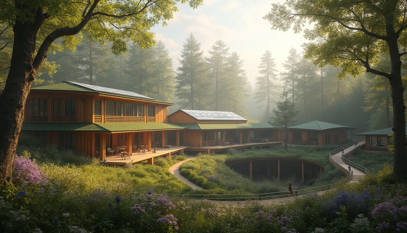 Prompt: Middle school, forest setting, wooden architecture, green roofs, solar panels, large windows, natural light, open classrooms, collaborative learning spaces, outdoor amphitheater, treehouse-style library, curved walkways, wooden bridges, wildflowers, tall trees, dense foliage, misty morning, warm sunlight filtering through leaves, soft shadows, serene atmosphere, panoramic view, 3/4 composition, ambient lighting, cinematic mood.