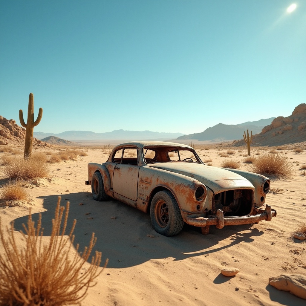 Prompt: Desert landscape, sunny day, clear blue sky, endless sand dunes, scarce vegetation, cacti, rocky outcrops, abandoned old car, worn tires, rusty metal body, broken headlights, hot air, shimmering mirage, vast empty space, dramatic shadows, low-angle shot, warm color tone, cinematic composition.