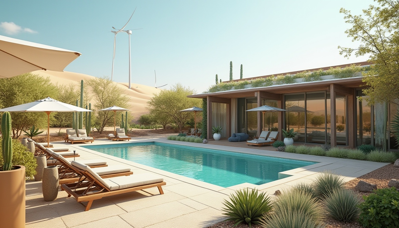 Prompt: Desert hotel, sustainable design, modern architecture, eco-friendly materials, recycling symbol, green roof, solar panels, wind turbines, cactus garden, succulent decorations, minimalist interior, natural lighting, energy-efficient appliances, water conservation signs, xeriscaping, outdoor pool, lounge chairs, umbrellas, sandy dunes background, clear blue sky, warm sunny day, soft shadows, 3/4 composition, natural colors, earthy tones.