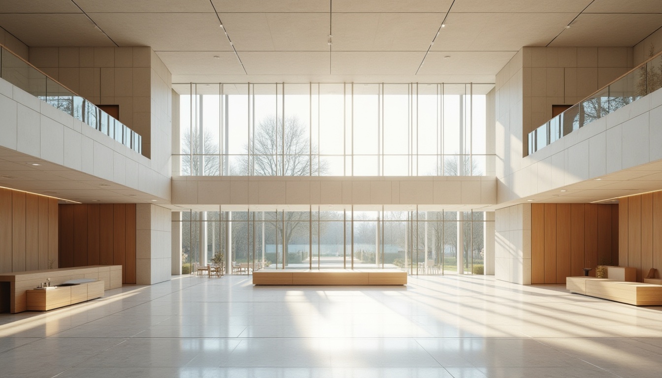 Prompt: Minimalist government building, sleek modern architecture, clean lines, simple shapes, abundant natural light, large glass windows, minimalist interior design, sparse furniture, neutral color palette, wooden accents, marble floors, geometric patterns, empty space, calm atmosphere, subtle lighting, soft shadows, 3/4 composition, panoramic view, morning sunlight, urban landscape, city hall, civic center, community hub.