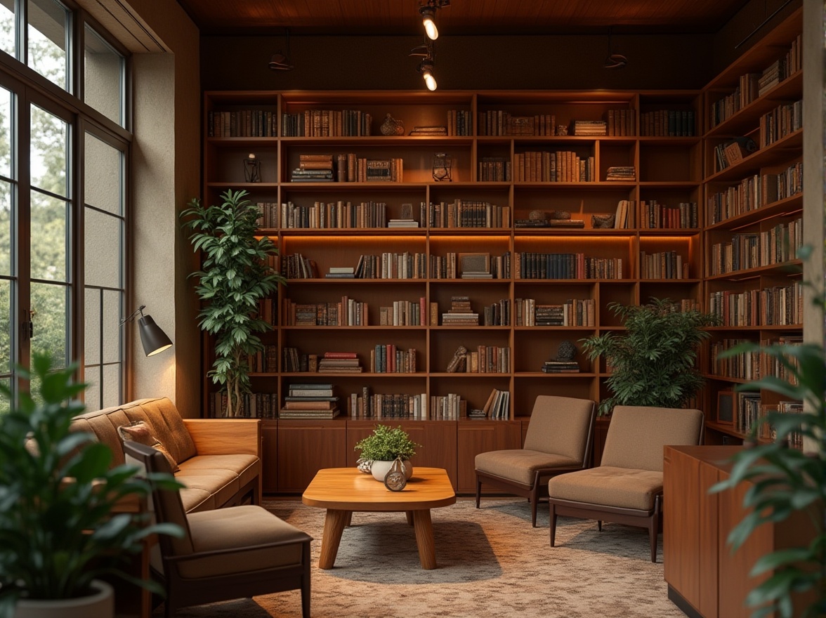 Prompt: Cozy library, wooden bookshelves, warm coffee colors, earthy tones, comfortable reading nook, soft cushioned chairs, wooden tables, green plants, floor lamps, warm lighting, afternoon atmosphere, quiet ambiance, studious atmosphere, modern interior design, minimalist decor, wooden flooring, natural textures, subtle aromas of coffee, relaxing vibe, inviting atmosphere, depth of field, cinematic composition, 3/4 view, soft focus, warm color palette.