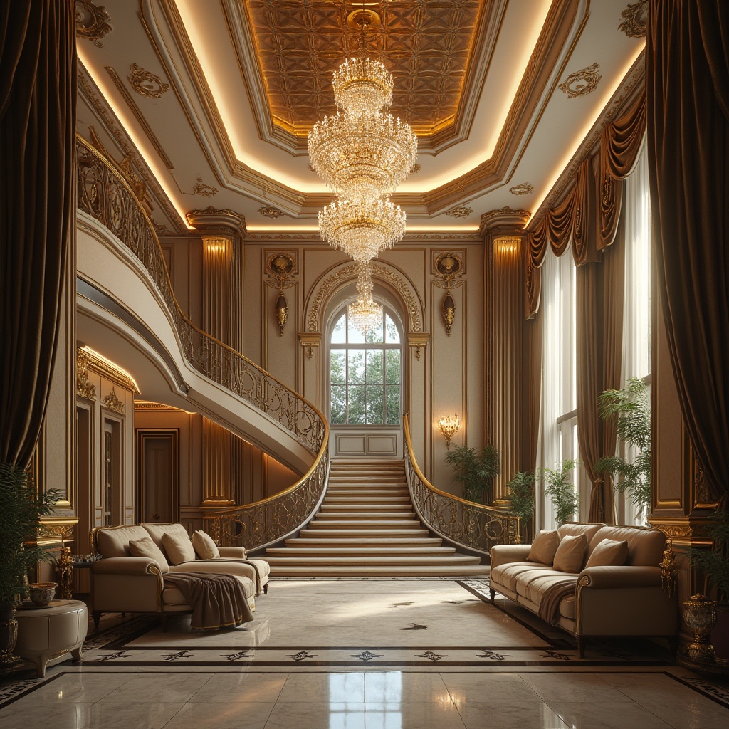 Prompt: Art Deco building, luxurious interior, ornate plaster material, geometric patterns, metallic accents, glamorous chandelier, grand staircase, lavish furnishings, velvety curtains, marble floors, intricate moldings, gilded frames, ornamental ceilings, rich textiles, vintage decorative items, 1920s style, high contrast lighting, sharp angles, ornate details, cinematic composition, realistic render.