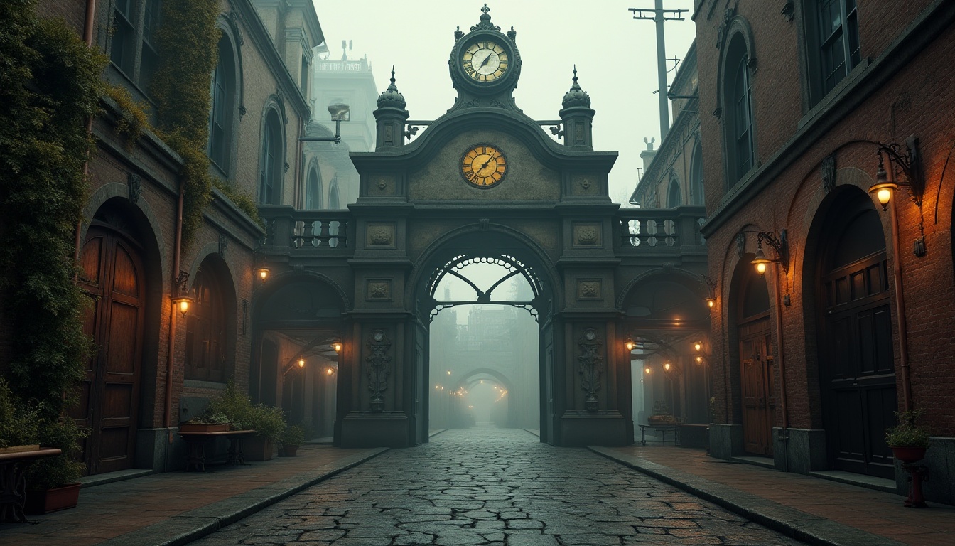 Prompt: Industrial areas, renaissance style adaptations, ancient European inspiration, ornate metal gates, intricate stone carvings, grand arches, majestic clock towers, vintage steam engines, copper pipes, rusty industrial machinery, old-fashioned lanterns, dimly lit walkways, foggy atmosphere, misty dawn, early morning light, cinematic composition, low-angle shot, dramatic shadows, warm color palette, distressed textures, worn-out brick walls, ivy-covered buildings.