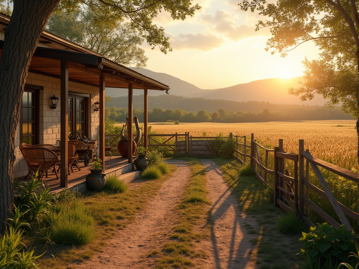 Prompt: Rural landscape, integrating farmland into design, modern farmhouse, surrounded by vast fields of wheat, oats, and sunflowers, rolling hills in the background, warm sunset light casting long shadows, a winding dirt path leading to the farm, old wooden fences, rustic metal gates, vintage tractor parked beside the house, potted plants on the porch, wicker chairs, outdoor lanterns, lush greenery, natural textures, earthy tones, peaceful atmosphere, soft focus, cinematic composition, wide-angle lens.