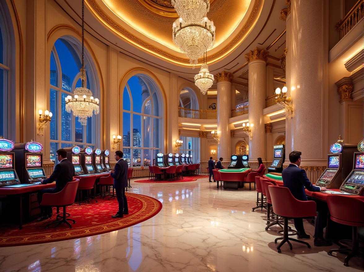 Prompt: Luxurious casino, grand interior design, white marble floors, crystal chandeliers, ornate golden decorations, lavish furniture, velvet red carpets, slot machines, poker tables, roulette wheels, croupier uniforms, glamorous lighting, high ceilings, modern architecture, cityscape background, nighttime, vibrant atmosphere, 3/4 composition, soft focus, cinematic ambiance.