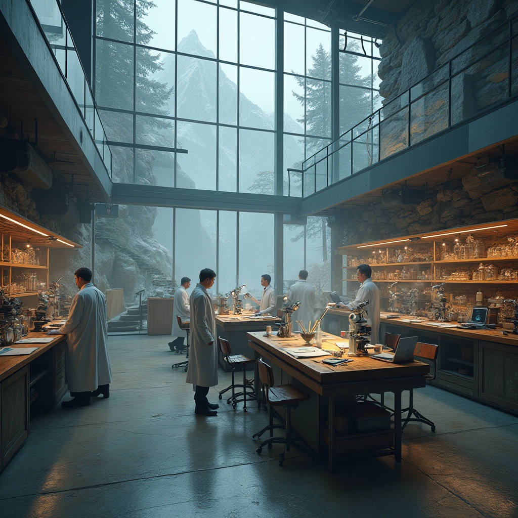 Prompt: Mountainous laboratory, modern architecture, glass walls, steel frames, rustic stone foundation, snowy mountain peaks in background, foggy atmosphere, misty windows, warm interior lighting, wooden furniture, futuristic equipment, scientists in white lab coats, goggles, gloves, intense facial expressions, microscopes, test tubes, petri dishes, laptops, scattered papers, pencils, coffee cups, steam rising from equipment, stone staircases, industrial pipes, concrete floors, minimalist decor, 3/4 composition, shallow depth of field, natural light, cinematic atmosphere.