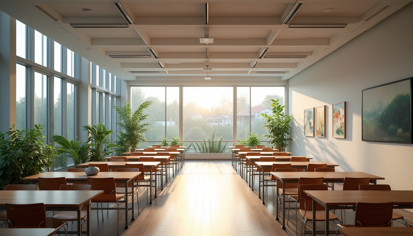 Prompt: Functional learning space, modern interior design, wooden tables, metal chairs, comfortable cushions, green plants, soft natural light, panoramic view of campus, abstract art on walls, minimalist decorations, calm atmosphere, 3/4 composition, shallow depth of field, warm color tone, educational ambiance.