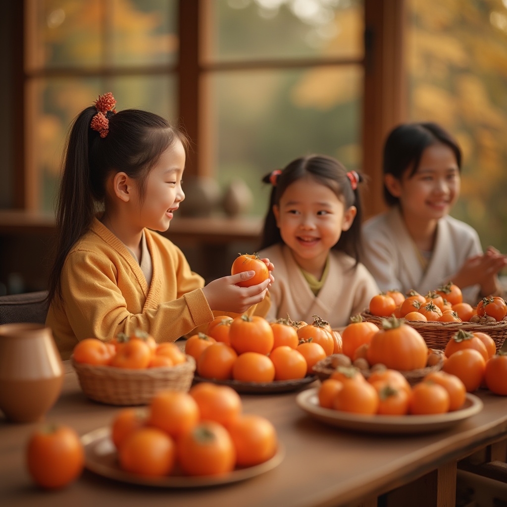 Prompt: Warm persimmon color, cozy atmosphere, autumn season, harvest festival, family gathering, traditional Korean dress, vibrant hair accessories, gentle smiling face, soft focus, shallow depth of field, warm lighting, 3/4 composition, natural scenery, wooden tables, woven baskets, abundance of fruits and vegetables, rustic ceramics, earthy tones, serene ambiance.