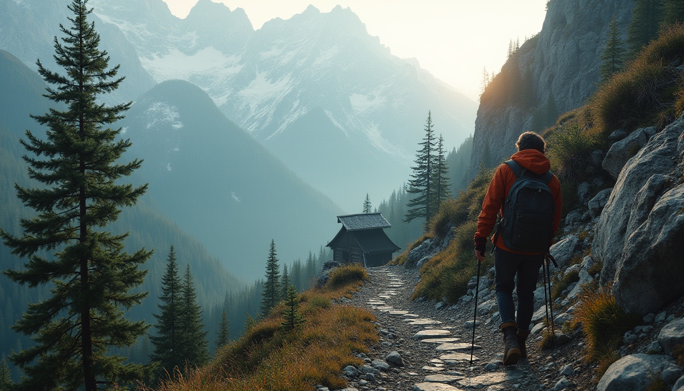 Prompt: Mountainous environments, rugged terrain, rocky cliffs, snow-capped peaks, misty valleys, evergreen forests, pine trees, wooden cabin, stone pathways, steep slopes, adventurous hiker, backpacker, trekking poles, worn hiking boots, warm fleece jacket, camping gear, misty morning, golden hour lighting, dramatic shadows, cinematic composition, atmospheric perspective, 3/4 camera angle, soft focus background.