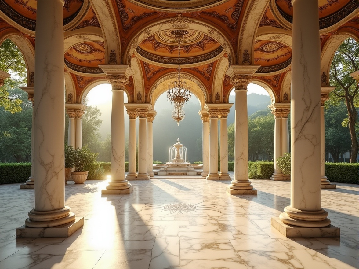 Prompt: Baroque pavilion, Renaissance architecture, grandiose marble columns, ornate carved decorations, polished white marble floors, intricate mosaic patterns, sweeping arches, vaulted ceilings, luxurious chandeliers, regal atmosphere, warm golden lighting, afternoon sunbeams streaming through windows, majestic fountain in the courtyard, lush greenery surrounding the pavilion, serene Italian countryside landscape.