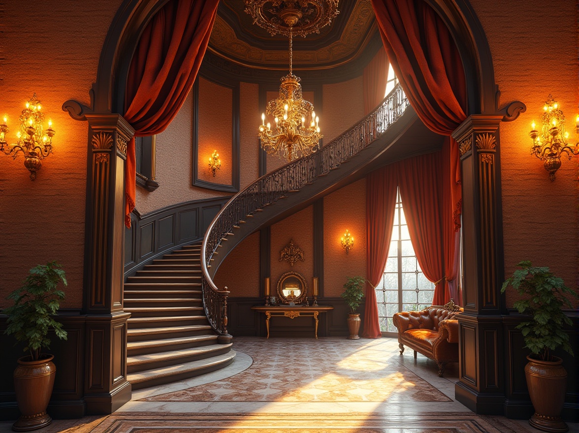 Prompt: Renaissance-style hotel lobby, grand staircase, brick material walls, ornate details, luxurious furnishings, golden lighting fixtures, velvet drapes, wooden panels, marble floors, elegant chandeliers, symmetrical composition, warm ambiance, inviting atmosphere, afternoon sunlight, subtle shadows, soft focus, 3/4 view.