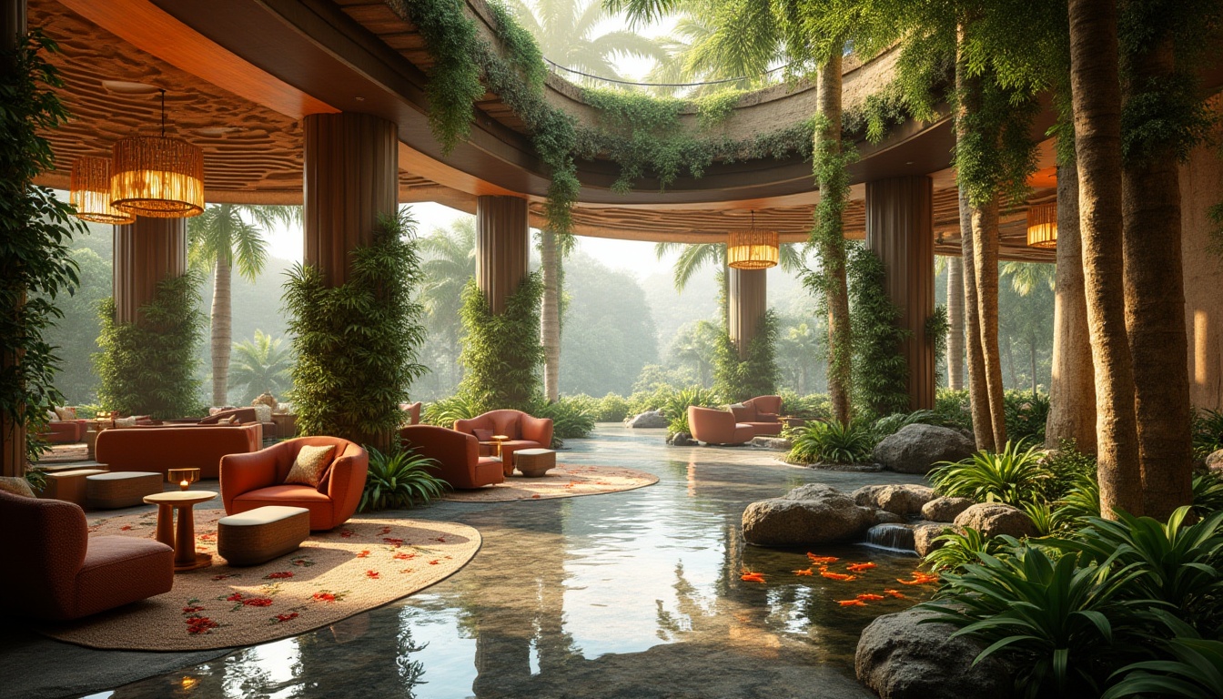 Prompt: Luxurious casino interior, incorporating natural elements, lush greenery, vines crawling up columns, water features, small pond with koi fish, tranquil ambiance, warm golden lighting, comfortable seating areas, wooden accents, stone flooring, modern chandeliers, subtle flower patterns on carpets, elegant curves, open spaces, high ceilings, natural stone walls, tropical plants, palm trees, soft misting system, serene atmosphere, panoramic view of surrounding landscape, warm color palette, inviting decor.