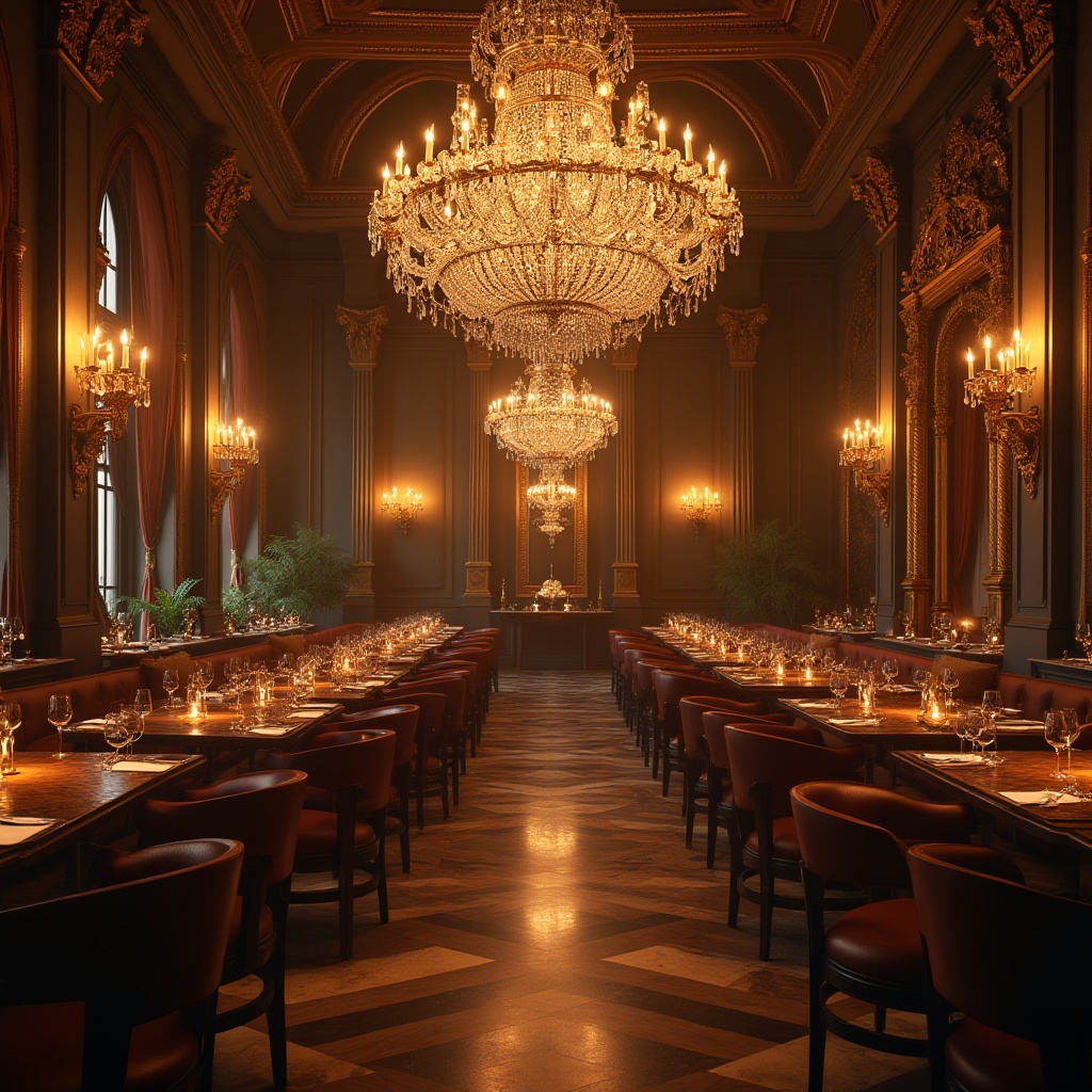 Prompt: Regionalism style dining hall, grand chandelier, glass materials, crystal droplets, luxurious atmosphere, warm lighting, wooden tables, velvet chairs, golden frames, ornate mirrors, marble floors, high ceilings, Renaissance-inspired walls, classical music, evening ambiance, soft focus, shallow depth of field, warm color tone, 3/4 composition, dramatic shadows, elegant decorations.