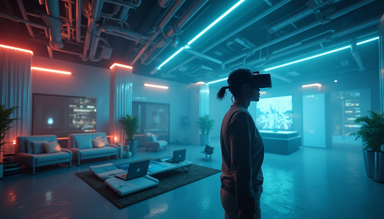 Prompt: Immersive experience, futuristic interior design, VR headset, sleek lines, neon lights, metallic materials, minimalist decor, holographic projections, 3D visualization, ambient soundscape, dimmed lighting, atmospheric fog, cyberpunk atmosphere, cinematic composition, low-angle shot, wide lens, shallow depth of field.