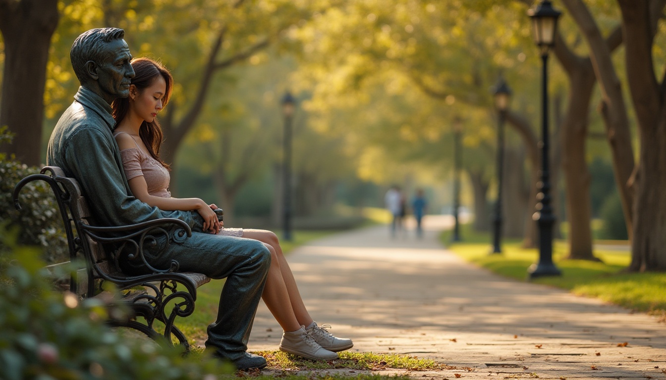 Prompt: Bronze statue, campus romanticism, nostalgic atmosphere, vintage lamp posts, lush greenery, winding pedestrian path, gentle sunlight filtering through trees, warm afternoon ambiance, soft focus, shallow depth of field, couple sitting on bench, holding hands, bronze patina, intricate details, ornate patterns, subtle facial expressions, tender moment, relaxed posture, casual clothing, comfortable shoes, warm colors, film grain effect.